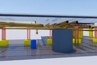 A 3D digital rendering shows the roof of a building with exposed pipes and ducts, supported by columns and beams, reflecting the industrial style of the Tamazula Sugar Mill. On the floor are yellow blocks, a large gray cylinder, and a small blue cylinder.
