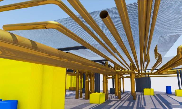 Una imagen renderizada en 3D de Ingenio Azucarero Tamazula, con tuberías industriales amarillas y marrones por encima, sostenidas por columnas amarillas, con una estructura de malla y bloques azules y amarillos dispersos por el suelo bajo un cielo azul despejado