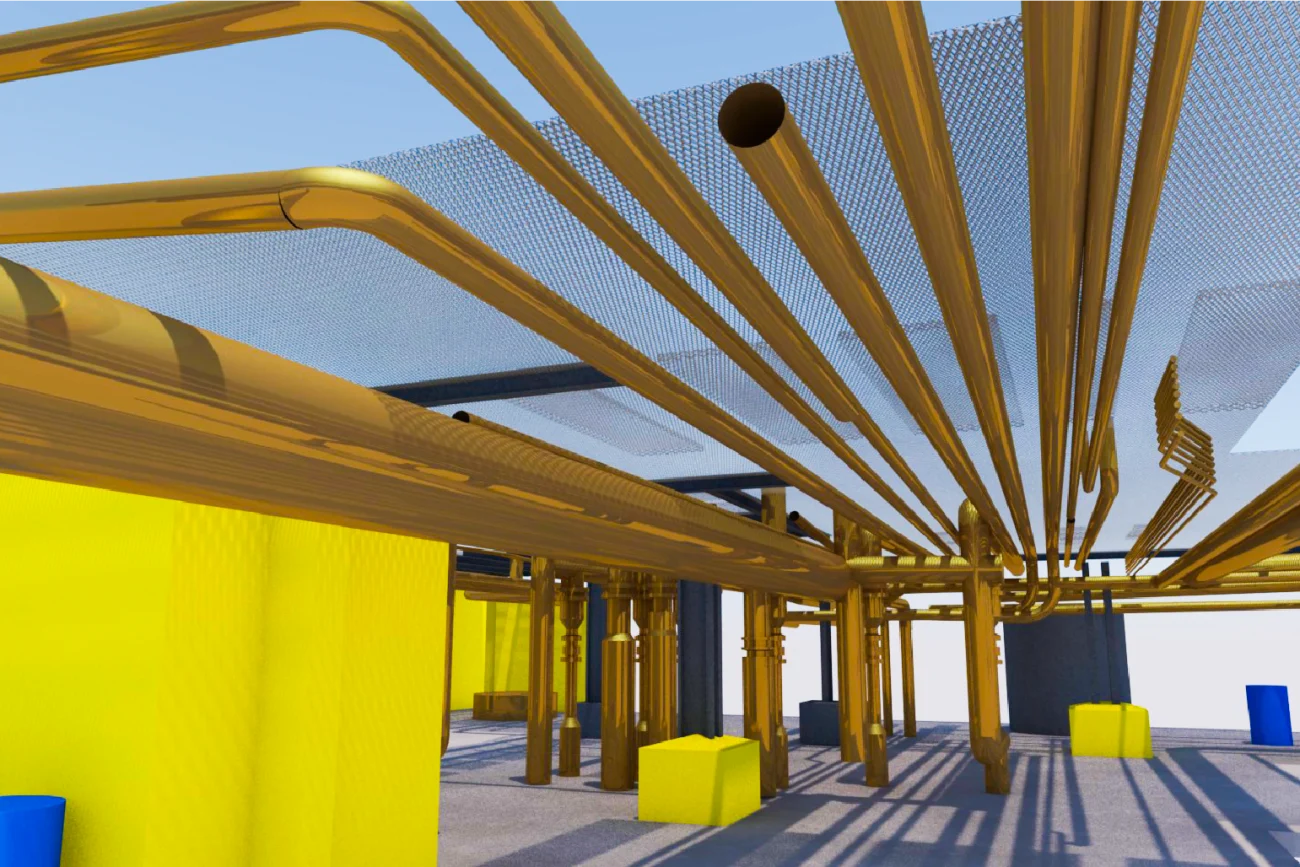 A digital rendering shows numerous yellow pipes running above the Tamazula Sugar Mill, supported by yellow and gray structures, with a mesh roof and blue sky visible in the background.