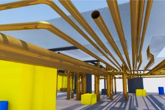 A digital rendering shows numerous yellow pipes running above the Tamazula Sugar Mill, supported by yellow and gray structures, with a mesh roof and blue sky visible in the background.