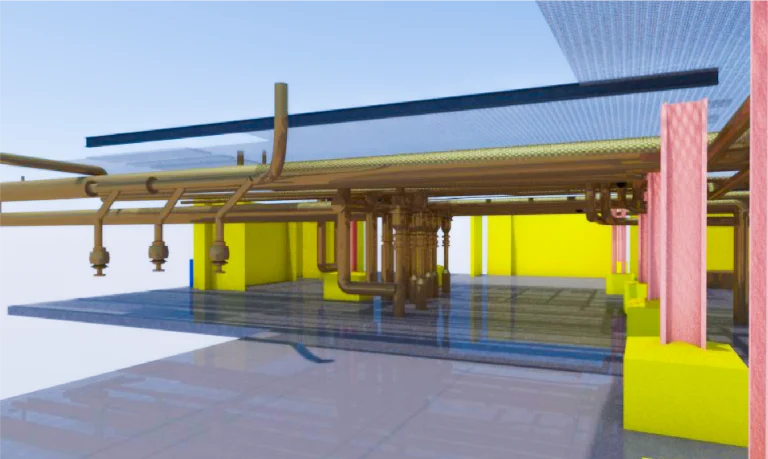 Representación en 3D de la sala de máquinas del Ingenio Azucarero Tamazula, que muestra tuberías y válvulas marrones, con paredes amarillas, columnas rojas y suelos y techos azules transparentes