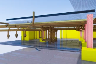 A 3D model of the interior structure of the Tamazula Sugar Mill in Jalisco, highlighting pipes, columns, and exposed beams with brightly colored elements (yellow, blue, and pink) that evoke the vibrant world of sugar production.