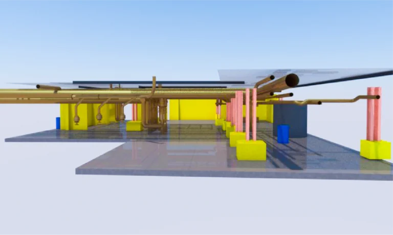 Representación en 3D del sistema estructural y de fontanería del Ingenio Azucarero Tamazula, que muestra tuberías, vigas, columnas y muros en amarillo, rosa y azul sobre un suelo reflectante con fondo transparente