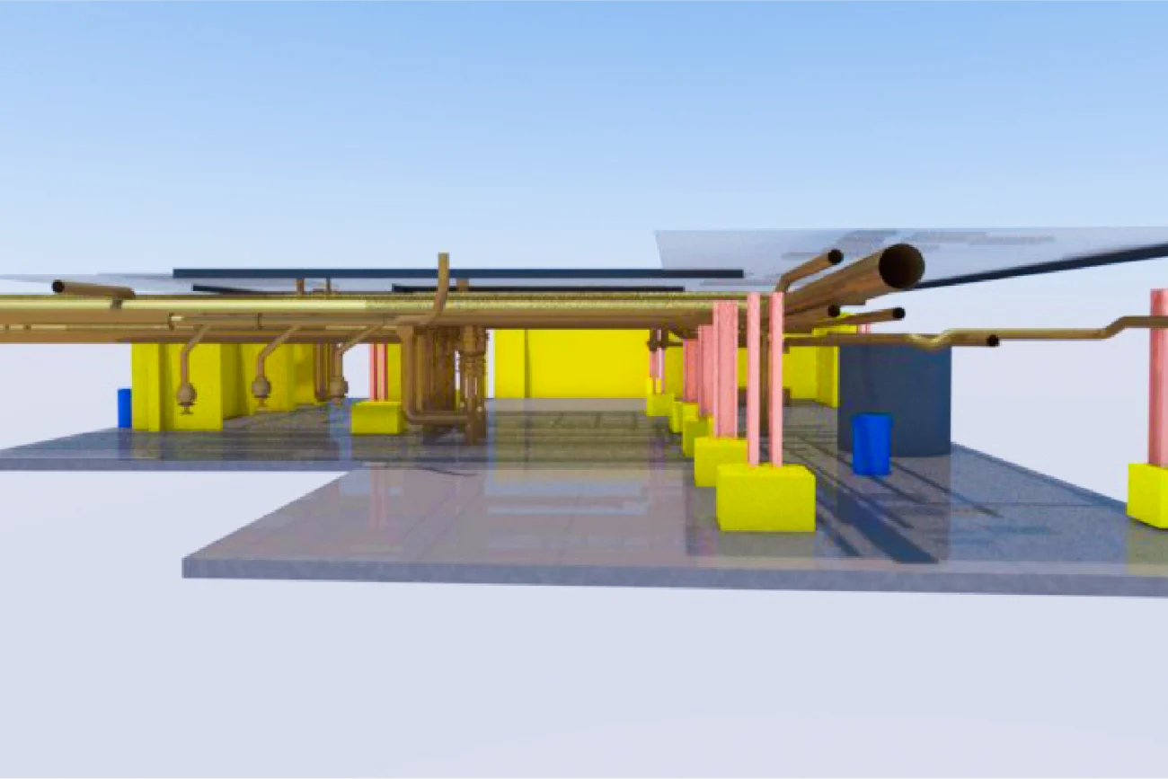 A 3D model of the interior structure of the Tamazula Sugar Mill in Jalisco, highlighting pipes, columns, and exposed beams with brightly colored elements (yellow, blue, and pink) that evoke the vibrant world of sugar production.