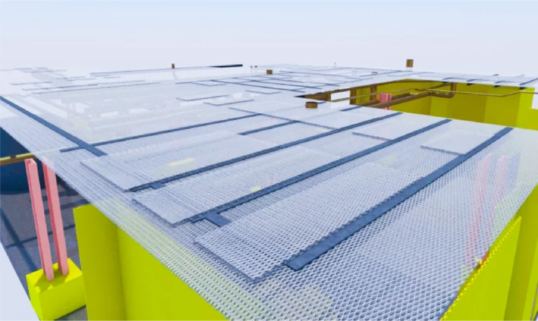Representación en 3D de un edificio en construcción en el Ingenio Azucarero Tamazula, que muestra un suelo parcialmente transparente con refuerzos en forma de rejilla, muros estructurales amarillos y tuberías rosas visibles