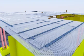 A 3D digital model of a building under construction, inspired by the Tamazula Sugar Mill in Jalisco, shows a transparent roof structure with visible beams, yellow structural walls, and pink pipes that highlight the architectural elements.