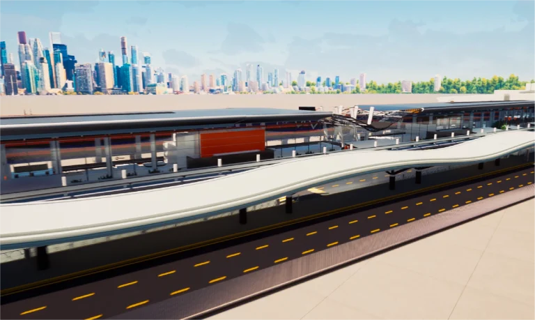 Modelo BIM estación de tren con una arquitectura elegante y andenes cubiertos, situada en el horizonte de una ciudad con edificios altos y un cielo despejado, que recuerda el estilo contemporáneo visto en el Aeropuerto Internacional de Guadalajara