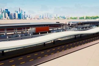 Una estación de tren moderna y futurista con plataformas curvas y múltiples vías, frente a un horizonte urbano con edificios altos y cielos despejados, que recuerda al cercano aeropuerto de Guadalajara.