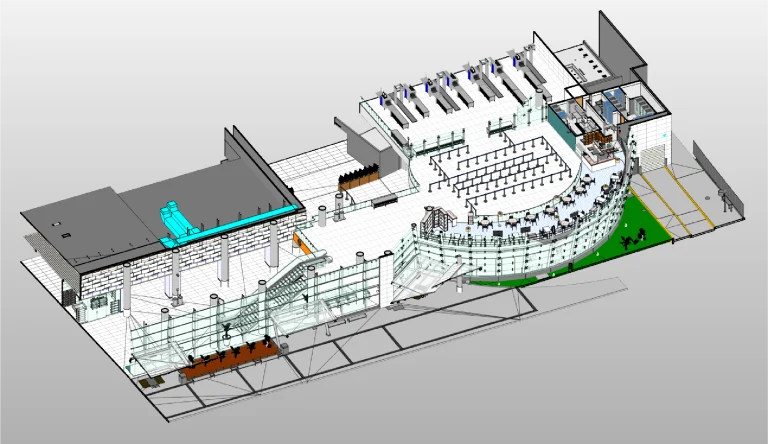 Representación arquitectónica en 3D de la distribución interior de un edificio, con múltiples salas, paredes de cristal curvadas, zonas para sentarse, escaleras, escaleras mecánicas y secciones de espacio exterior con vegetación, ideal para espacios como el aeropuerto de Guadalajara