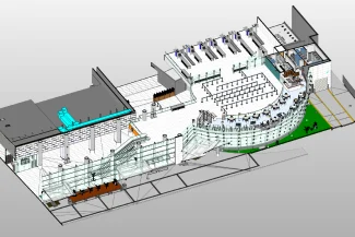 Representación arquitectónica en 3D del interior de un edificio moderno, inspirado en el Aeropuerto Internacional de Guadalajara, que muestra múltiples pisos con espacios abiertos, paredes de vidrio, áreas de asientos, escaleras mecánicas y varios elementos estructurales en una vista seccionada.