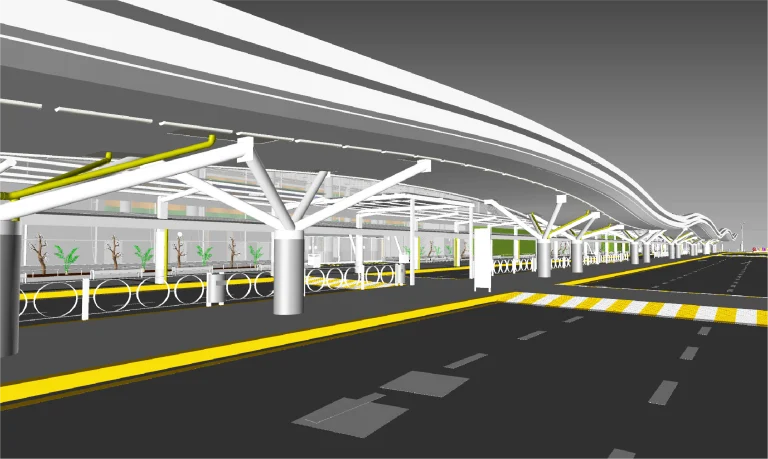 Una imagen renderizada en 3D del exterior de la terminal del Aeropuerto Internacional de Guadalajara muestra grandes ventanales de cristal, soportes blancos, detalles amarillos, aparcamientos para bicicletas, plantas frondosas y una carretera con señalización de paso de peatones bajo un tejado curvo
