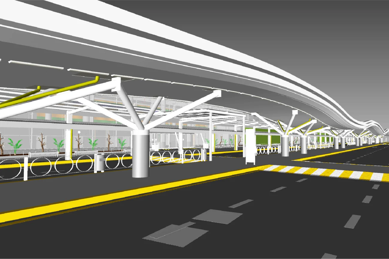 Representación digital del exterior de la moderna terminal del Aeropuerto de Guadalajara, con techo curvo, soportes blancos, paredes de cristal y una calzada con un reductor de velocidad de franjas amarillas y carriles señalizados. Se aprecian plantas exuberantes en el interior de la terminal.