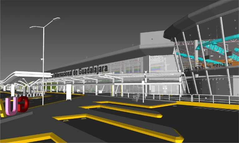 Modelo BIM de la entrada exterior del Aeropuerto Internacional de Guadalajara, que muestra la fachada de cristal del edificio, la gran señalización, las pasarelas cubiertas y las calzadas bordeadas de amarillo bajo un cielo gris