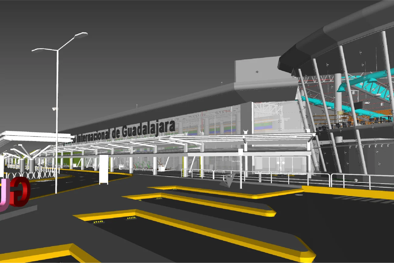 Una representación digital del exterior del aeropuerto de Guadalajara muestra una terminal moderna con grandes ventanales, pasillos protegidos y el nombre del aeropuerto, Aeropuerto Internacional de Guadalajara, mostrado en la fachada.