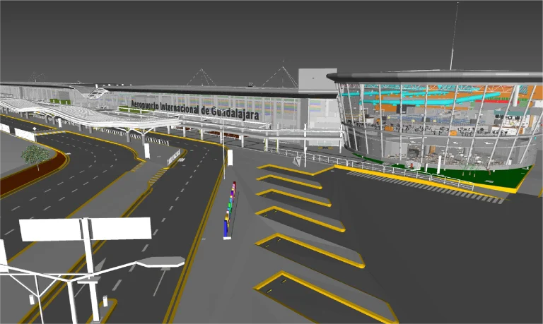 Modelo BIM del Aeropuerto Internacional de Guadalajara muestra la terminal principal con grandes ventanales de cristal, señalización rotulada, carreteras, zonas de aparcamiento y un paisajismo mínimo bajo un cielo gris, destacando el centro de vuelos Guadalajara