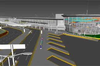 Representación digital del exterior del Aeropuerto Internacional de Guadalajara, resaltando los grandes ventanales de la terminal, las vialidades, la señalización clara y la torre de control bajo un cielo gris: una vista icónica para los viajeros de vuelos Guadalajara.