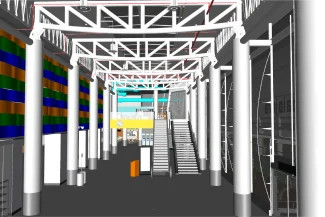 Representación digital de un espacio público interior moderno en el Aeropuerto Internacional de Guadalajara, con altos pilares blancos, vigas de techo expuestas, una escalera central, paneles de pared a rayas de colores y escaparates de vidrio en ambos lados.