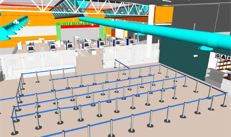 Modelo BIM del control de seguridad del Aeropuerto Internacional de Guadalajara con barreras azules, detectores de metales y máquinas de inspección. Los conductos aéreos de color turquesa y el rótulo "GAS" aportan dinamismo al moderno espacio de Vuelos Guadalajara