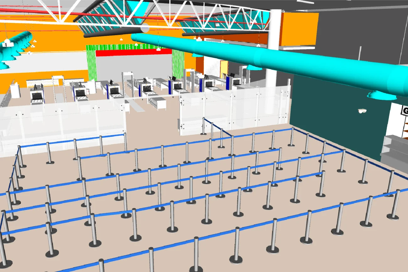 Una representación digital del puesto de control de seguridad del aeropuerto de Guadalajara muestra divisores de línea azul vacíos que forman una cola, varias estaciones de control y conductos de ventilación verde azulado en un espacio de colores brillantes.