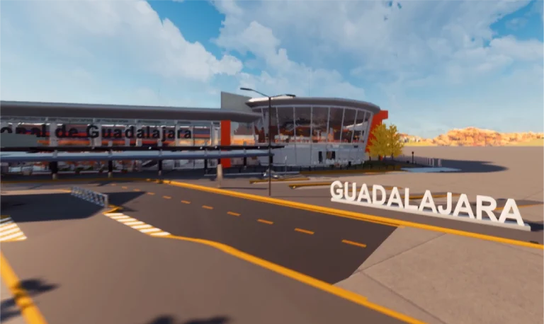 Modelo BIM de moderna terminal aeroportuaria con grandes ventanales y un letrero que reza GUADALAJARA en letras blancas cerca de la carretera; cielo parcialmente nublado en lo alto, dando la bienvenida a los viajeros al Aeropuerto Internacional de Guadalajara