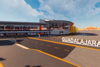 Una moderna terminal del Aeropuerto de Guadalajara con amplios ventanales y un letrero que dice GUADALAJARA en letras grandes sobre el pavimento; cielo parcialmente nublado. Una puerta de entrada ideal para vuelos a Guadalajara.