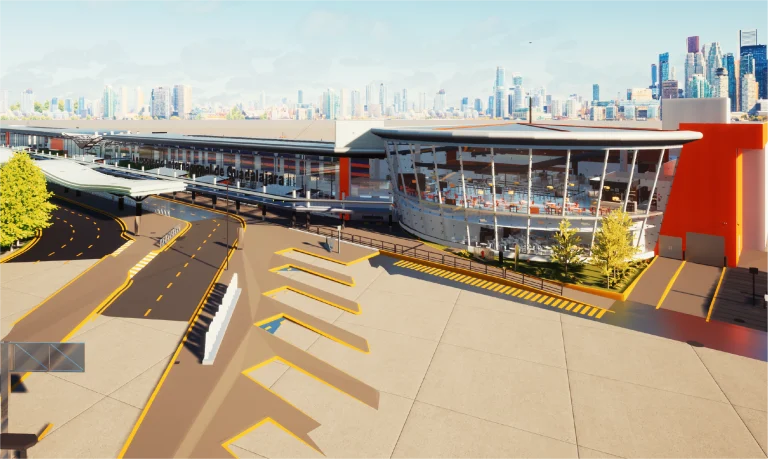 Modelo BIM de moderna terminal aeroportuaria con grandes ventanales de cristal, varios niveles y calzadas para vehículos. El horizonte de la ciudad se ve al fondo bajo un cielo despejado en el Aeropuerto Internacional de Guadalajara