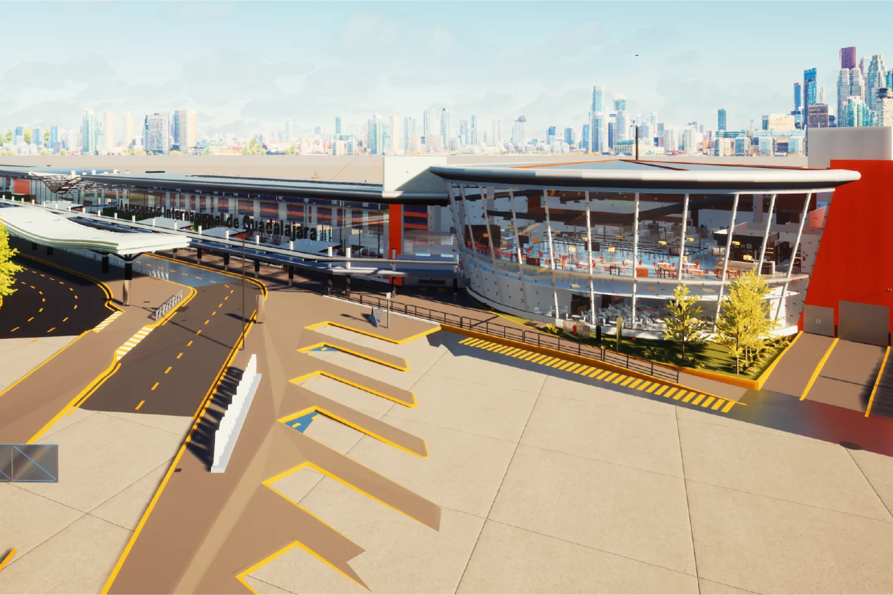 Una moderna terminal del aeropuerto de Guadalajara con grandes ventanales, múltiples niveles y vialidades circundantes, frente a un horizonte de ciudad con edificios altos al fondo bajo un cielo despejado.