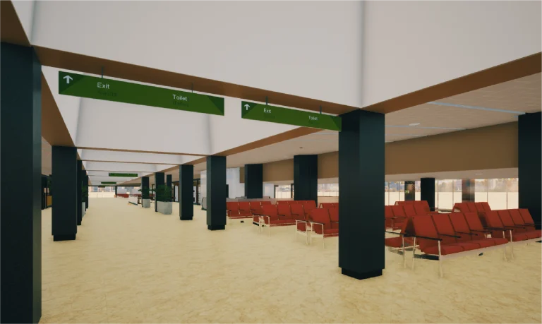 Modelo BIM de sala de espera del Aeropuerto Internacional de Tijuana presenta filas de asientos rojos, pilares negros y señales verdes en lo alto para las salidas y los aseos. Los grandes ventanales inundan la sala de luz natural