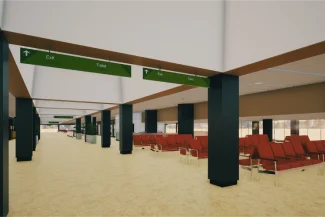 La espaciosa sala de espera del Aeropuerto Internacional de Tijuana cuenta con filas de sillas rojas, columnas negras y letreros verdes para salidas y baños. El piso color canela claro y los amplios ventanales crean un espacio abierto y acogedor.
