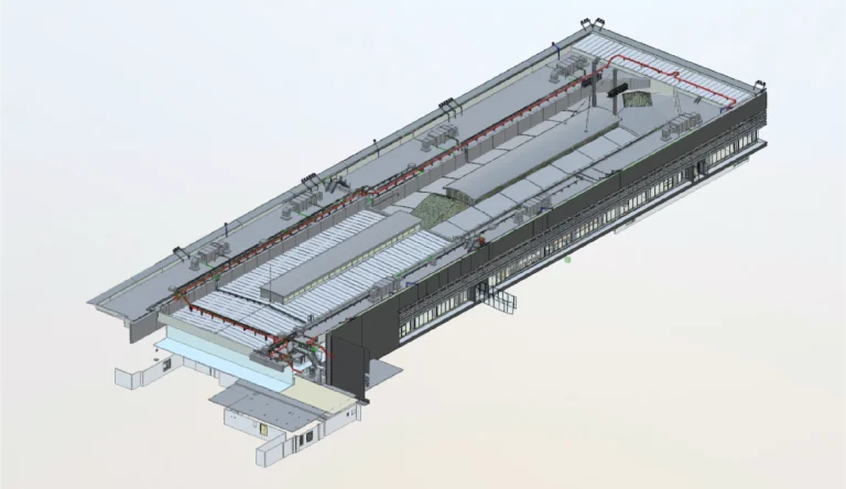 Un renderizado digital en 3D de un gran edificio industrial rectangular, inspirado en el aeropuerto de Tijuana, presenta una compleja maquinaria en la azotea, múltiples unidades de ventilación y elementos estructurales de soporte visibles tanto en el tejado como en las paredes exteriores