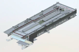 Representación digital 3D de un gran edificio industrial rectangular con techo plano, estructuras interiores visibles, respiraderos, tuberías y elementos arquitectónicos detallados, que recuerdan las instalaciones del Aeropuerto Internacional de Tijuana.