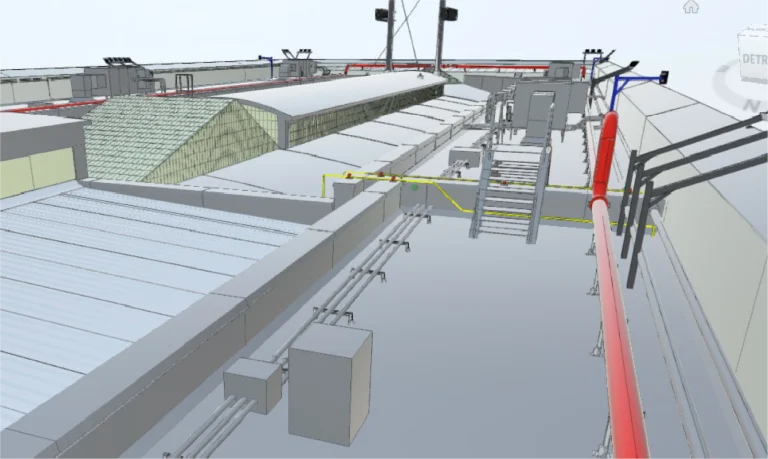 Un modelo digital en 3D de la azotea del aeropuerto de Tijuana, con diversas tuberías, conductos, conductos eléctricos, escaleras, barandillas y equipos dispuestos a lo largo de la superficie de la azotea