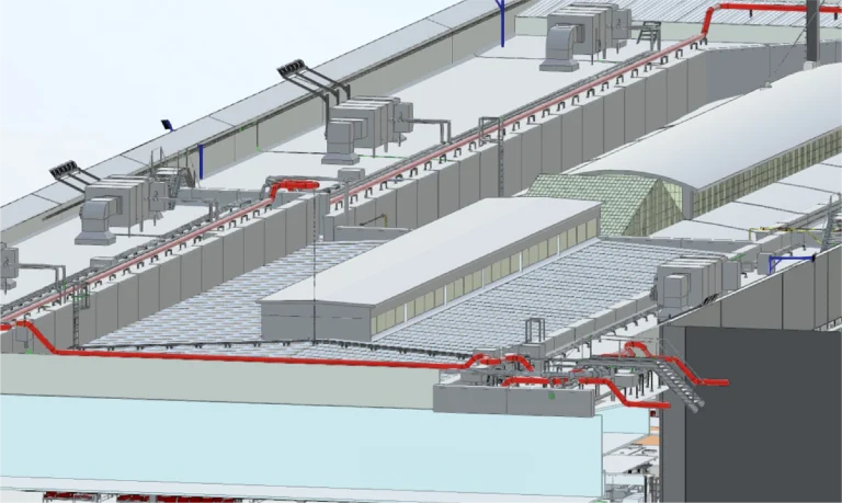 Modelo renderizado en 3D de una instalación industrial, en el Aeropuerto Internacional de Tijuana, que muestra en detalle la maquinaria, las tuberías y los componentes estructurales en gris, con tuberías rojas prominentes y diversas unidades rectangulares y cilíndricas en todo el diseño