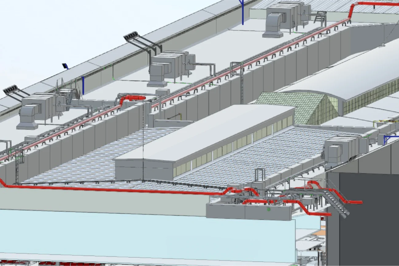 Modelo 3D de una instalación industrial, inspirada en el Aeropuerto Internacional de Tijuana, que muestra maquinaria, sistemas de transporte, ductos de ventilación, tuberías rojas y azules y elementos estructurales dispuestos en un diseño grande y complejo.