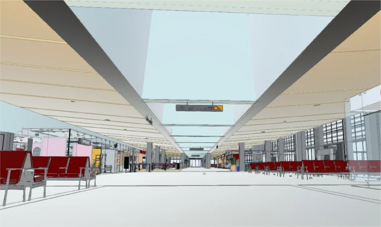 Imagen generada por ordenador del interior de la terminal del Aeropuerto Internacional de Tijuana, con asientos rojos, grandes ventanales y techos altos. Los carteles y la iluminación crean un ambiente espacioso y moderno
