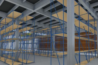 BIM model of a warehouse interior with tall blue metal racks from AZYCO, some empty and others containing brown boxes. A forklift can be seen in the background, near a loading area. The ceiling has exposed beams and skylights.