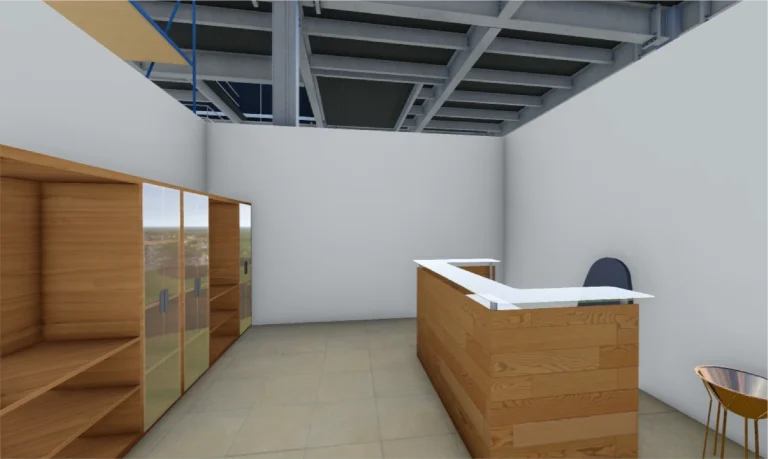Modelo BIM de recepción de oficina moderna y minimalista con un mostrador de madera, armarios de madera con cristal a la izquierda, suelo de azulejos y una pared blanca bajo una estructura de techo vista