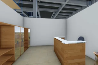 A modern office reception area with a wooden counter, AZYCO tiled floor, a display case to the left, white walls, and an exposed beamed ceiling, perfectly designed with stylish accessories.