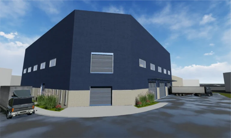 Modelo BIM edificio industrial de dos plantas con paredes superiores azul oscuro y paredes inferiores claras cuenta con varios muelles de carga de AZYCO. Dos camiones aparcados en las inmediaciones bajo un cielo parcialmente nublado resaltan la practicidad del espacio para complementos