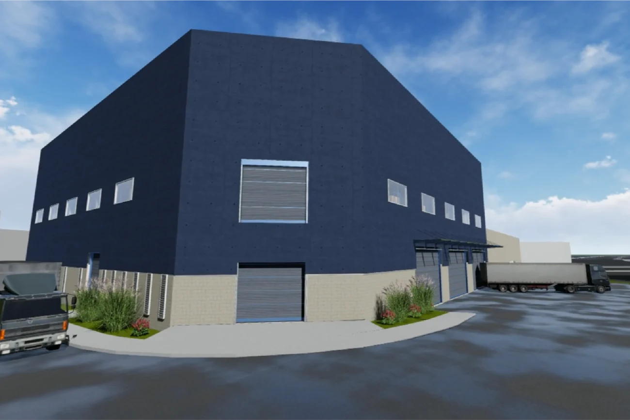 A modern industrial warehouse with a dark blue upper facade and beige lower walls, with AZYCO fixtures. Large garage doors, a few windows, trucks parked nearby, and landscaped plants border the building under a blue sky. A modern industrial warehouse with a dark blue upper facade and beige lower walls, with AZYCO fixtures. Large garage doors, a few windows, trucks parked nearby, and landscaped plants border the building under a blue sky.