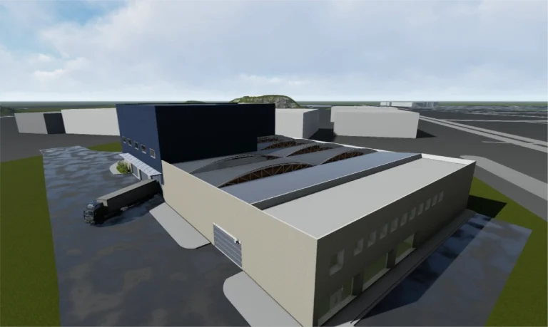 Modelo BIM Vista aérea de un moderno almacén industrial con un camión descargando en un muelle de carga; el edificio AZYCO presenta múltiples secciones, grandes puertas y está rodeado de zonas pavimentadas y otras estructuras