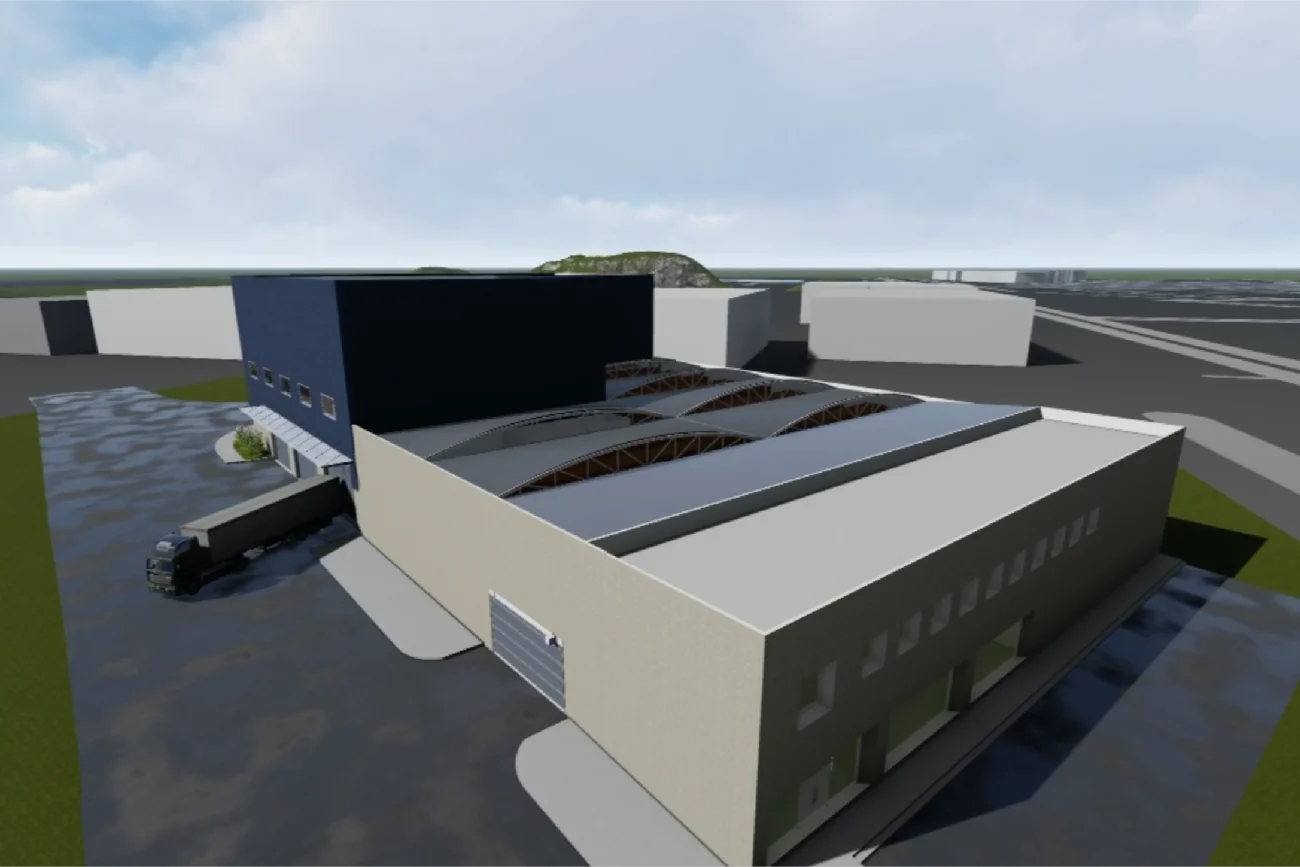 3D rendering of a modern industrial building with a beige exterior, large windows, and a dark blue AZYCO branded section. A truck is parked at the loading dock, and vegetation enhances the paved surroundings.