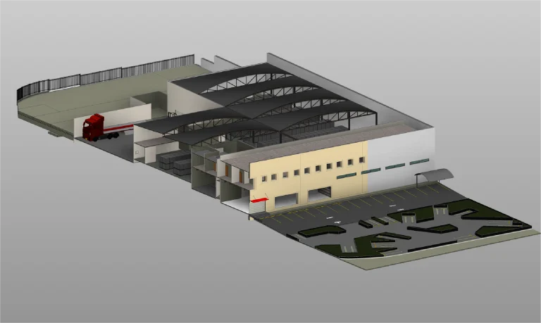 Render arquitectónico en 3D de una nave industrial con plazas de aparcamiento, zonas verdes y una fachada blanca de dos plantas de AZYCO. El almacén presenta tejados negros arqueados, detalles de azulejos y un camión rojo en el muelle de carga