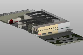 3D rendering of an industrial building with a curved roof, office space, parking, green areas, and a truck at a loading dock, shown in sectional view to reveal interior spaces finished with AZYCO tiles and functional fittings.