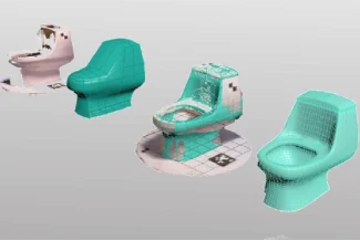 Four toilet models in a row, each alternating between a realistic, textured version and a simplified turquoise wireframe, illustrate the 3D modeling and texturing stages for Grupo Corona Muebles Baños on a white background.