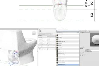 A computer screen displays 3D modeling software with a wireframe model of a Muebles Baños de Grupo Corona toilet, design parameters, a properties panel, and multiple views showing the object from various angles.