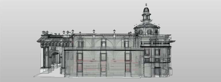 Esquema arquitectónico digital de la Biblioteca Iberoamericana, un edificio clásico con columnas, arcos, detalles decorativos en el tejado y una prominente torre abovedada en el lado derecho. El fondo es gris claro