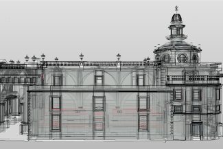 A detailed architectural rendering of the historic Ibero-American Library, with columns, arches, and a decorative dome on the right side, viewed from the front against a plain background.