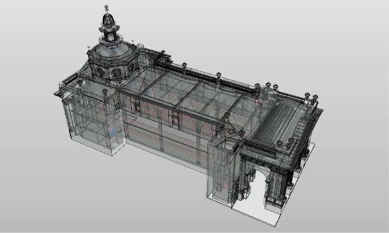 Modelo tridimensional transparente de un edificio clásico con cúpula y detalles arquitectónicos ornamentados, de la Biblioteca Iberoamericana, mostrado desde un ángulo elevado sobre un fondo gris claro