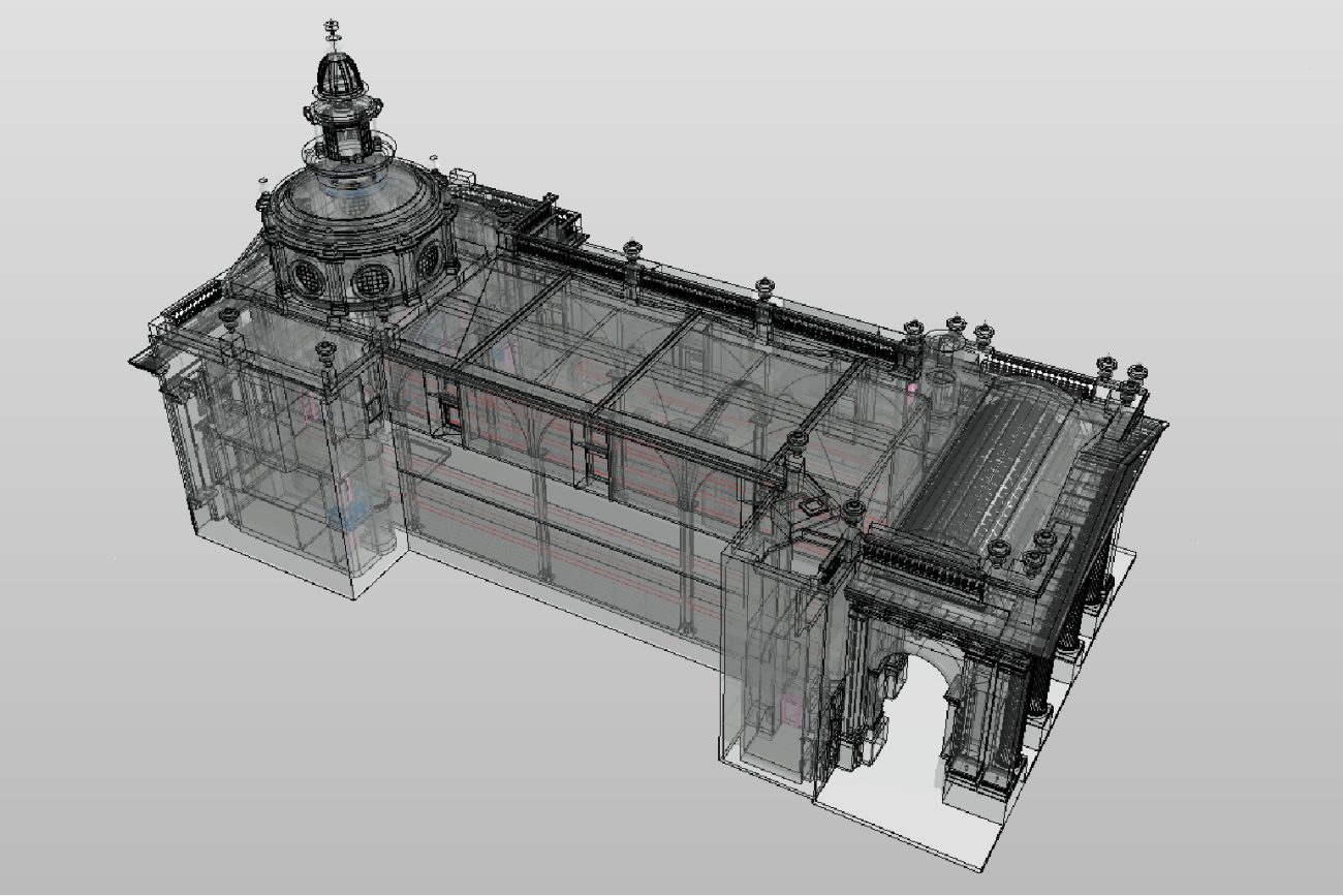 A 3D model of the Ibero-American Library, featuring a central dome, arched entrance, and ornate architectural details, viewed from a high angle against a plain background.